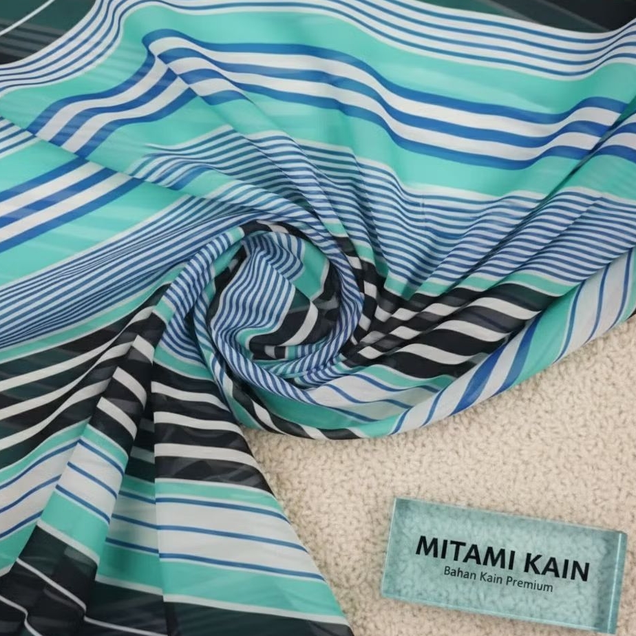 Kain Ceruty Premium Motif Garis Gelombang Abstrak / Ceruti Babydoll Print Salur Warna Warni Mint Bir