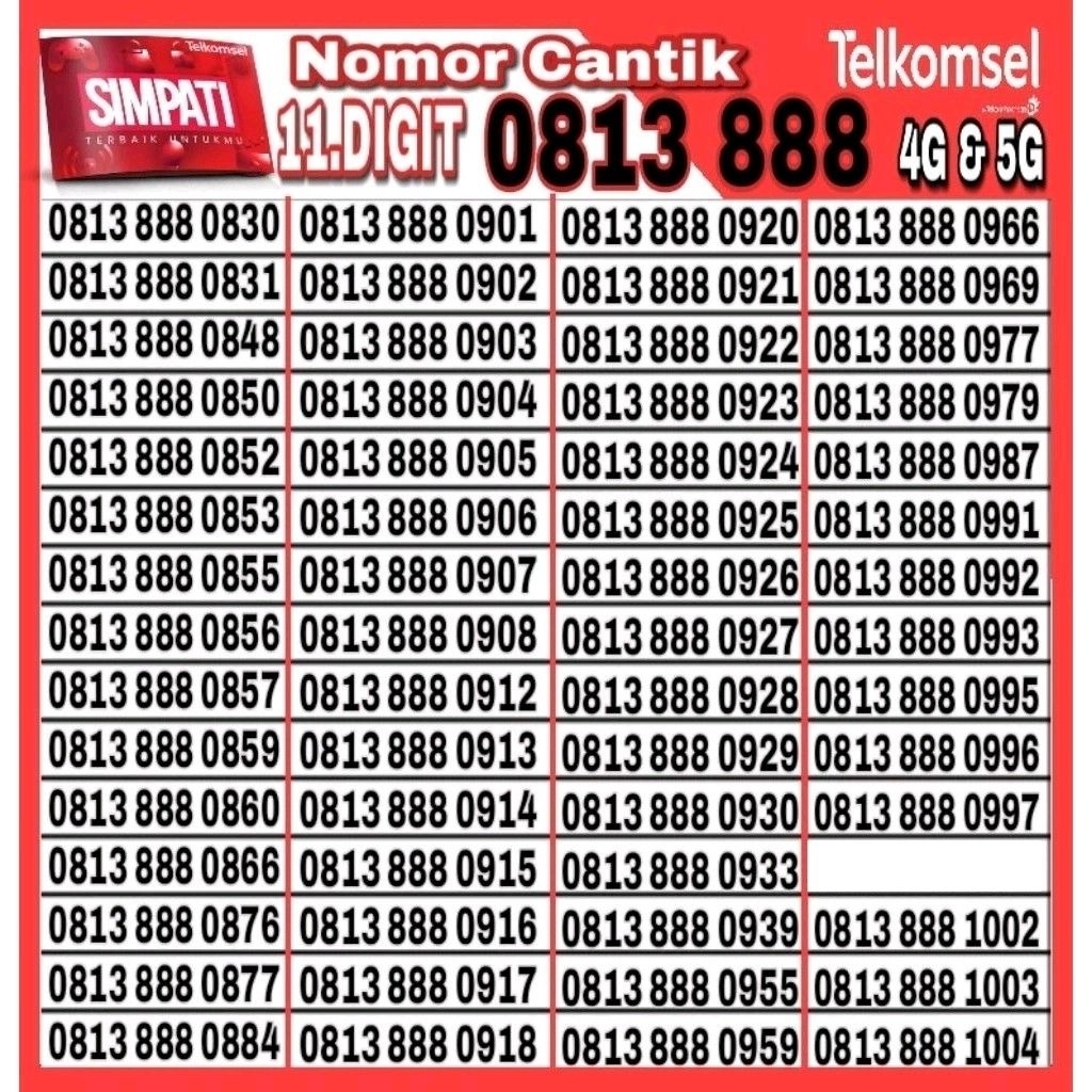 NOMOR CANTIK TELKOMSEL SIMPATI 11 DIGIT 4G LTE 888 - O813 888