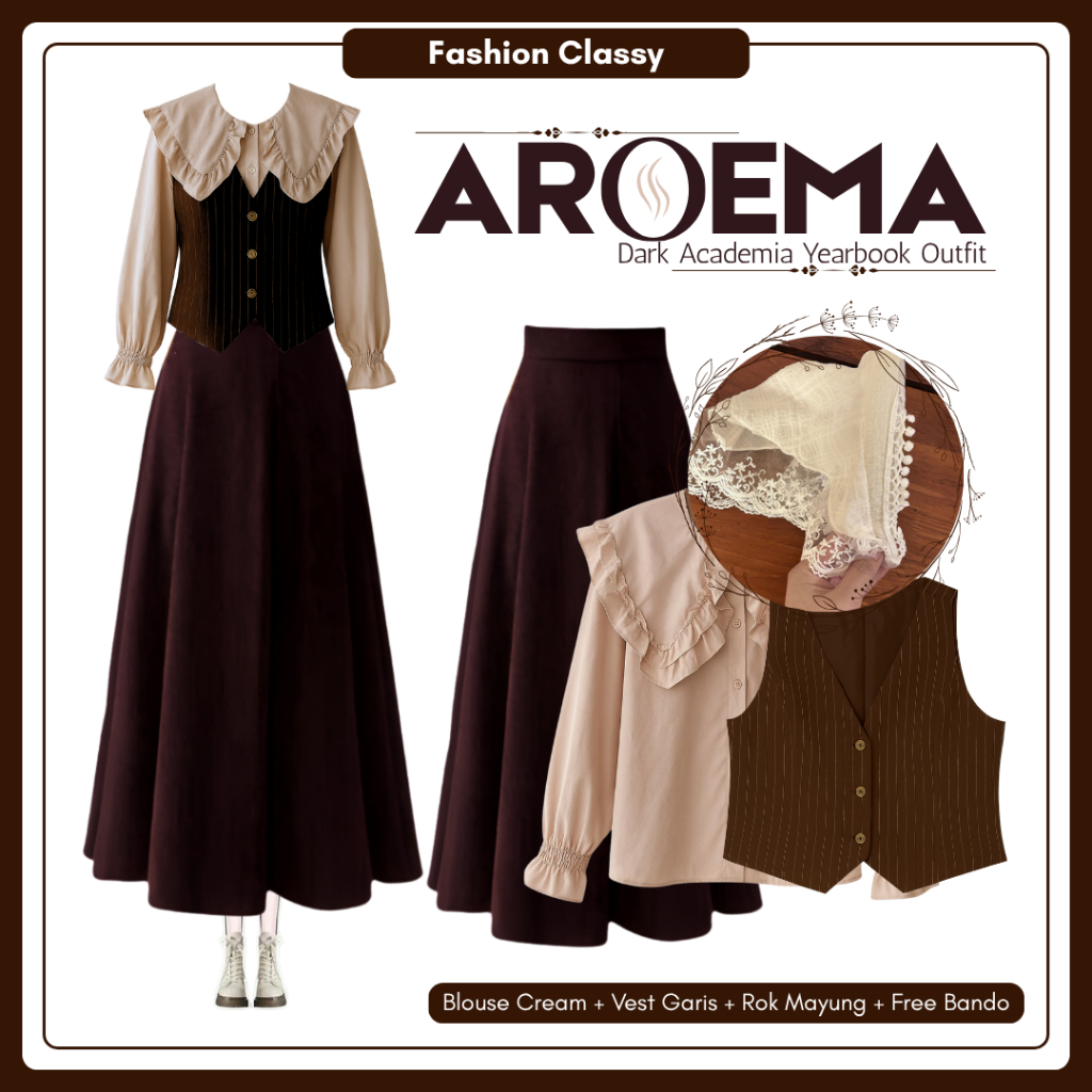[Hijab Frendly] Dark Academia Yearbook Outfit | Blouse + Vest Garis Coklat + Rok Mayung | FCL010