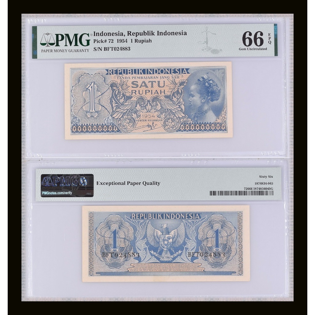 Uang kuno PMG 66 EPQ - 1 rupiah tahun 1954 seri Suku Bangsa S/N : BFT024883