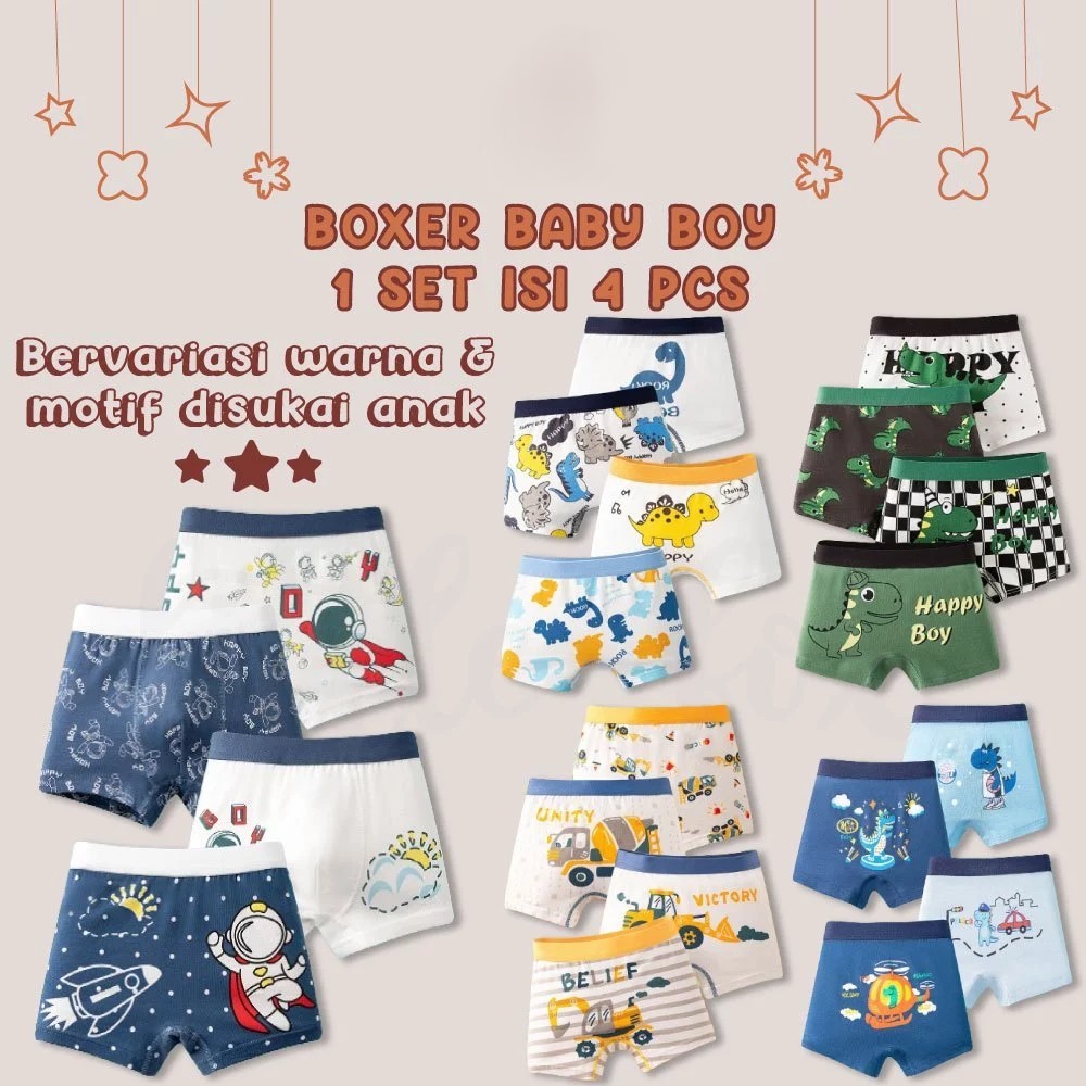 [ 4 pcs ] Boxer Anak Boy Karakter Astronot Luar Angkasa Laki-Laki Motif Lucu Celana Dalam Bahan Katu