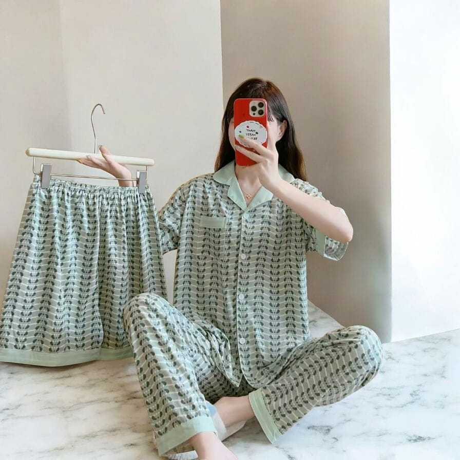 piyama wanita dewasa 3in1 celana dua bahan kaos spandek halus