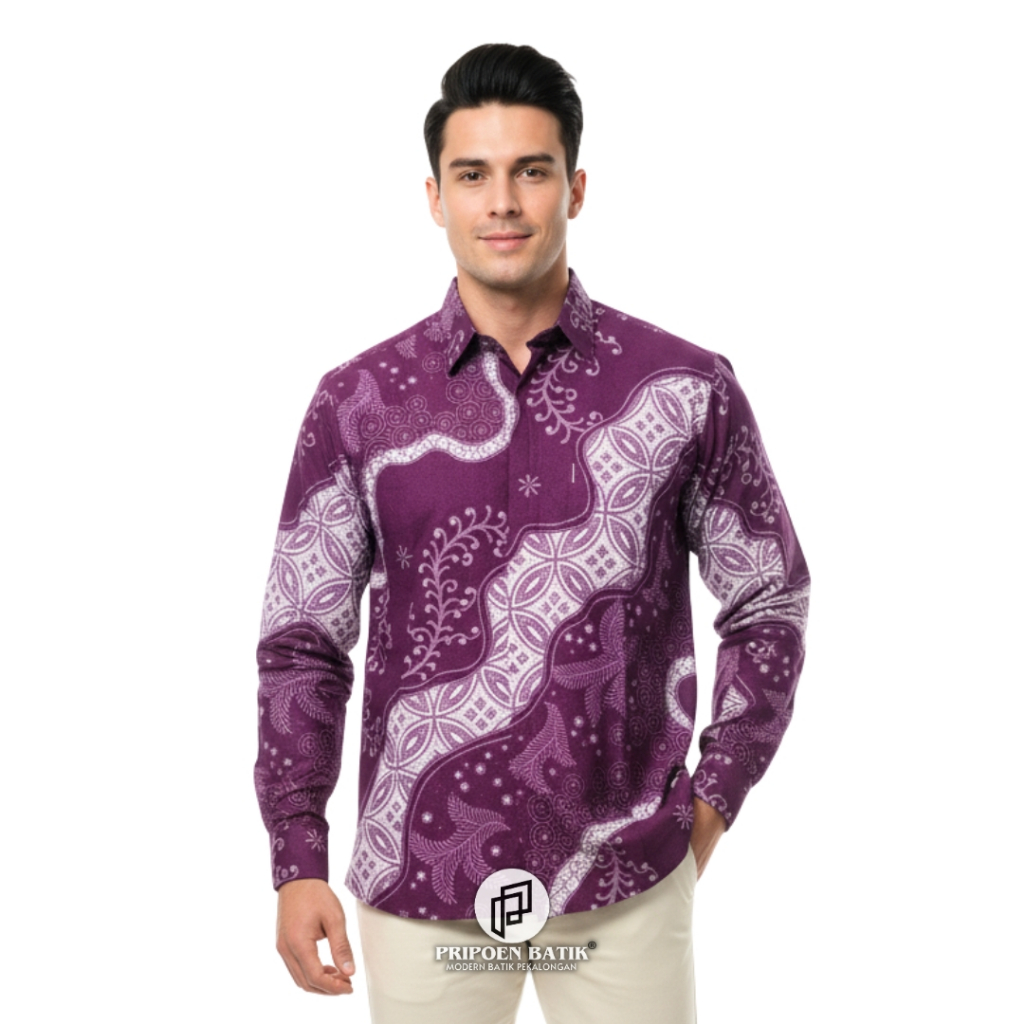 PRIPOEN BATIK  Cendana Merah Maroon Kemeja Batik Pria Burgundy batik  lengan panjang