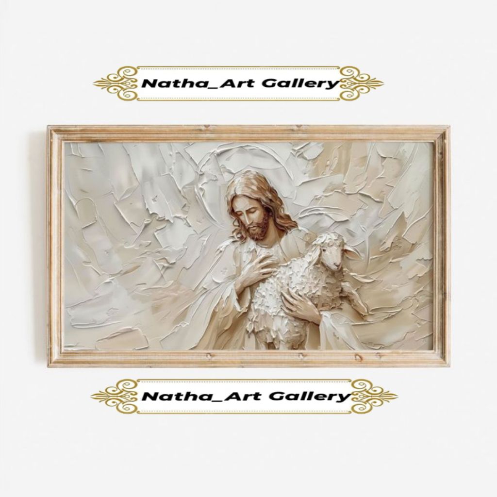 Lukisan yesus domba bertekstur timbul siap pajang