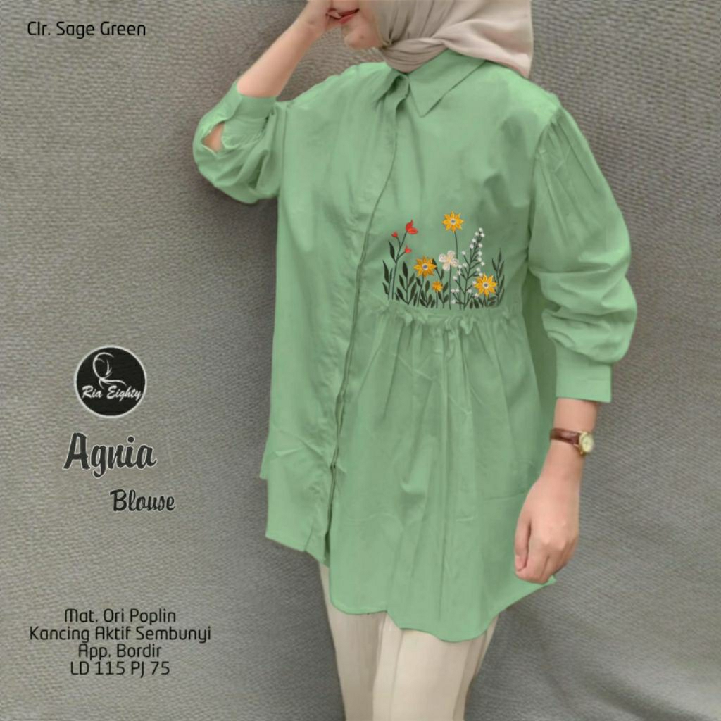 Agnia sage green kemeja Oversize Ld 115 Blouse jumbo bordir asli / riaeighty