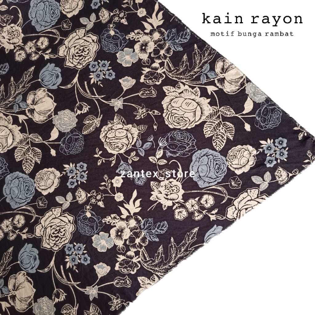 kain rayon motif bunga rambat hitam/kain rayon viscose premium