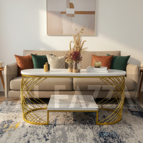 Meja tamu ovale BELVA industrial besi kayu, meja ovale minimalis ruang tamu minimalis top table HPL