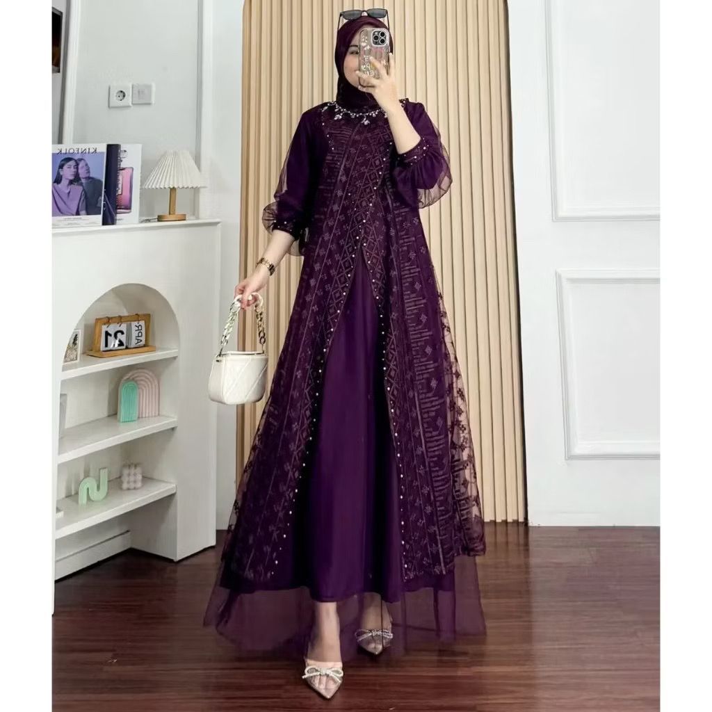KAYLA DRESS Pesta Wanita Bahan Tile Mix Brukat Full Puring Aplikasi Payet Mutiara Gamis Mewah Elegan
