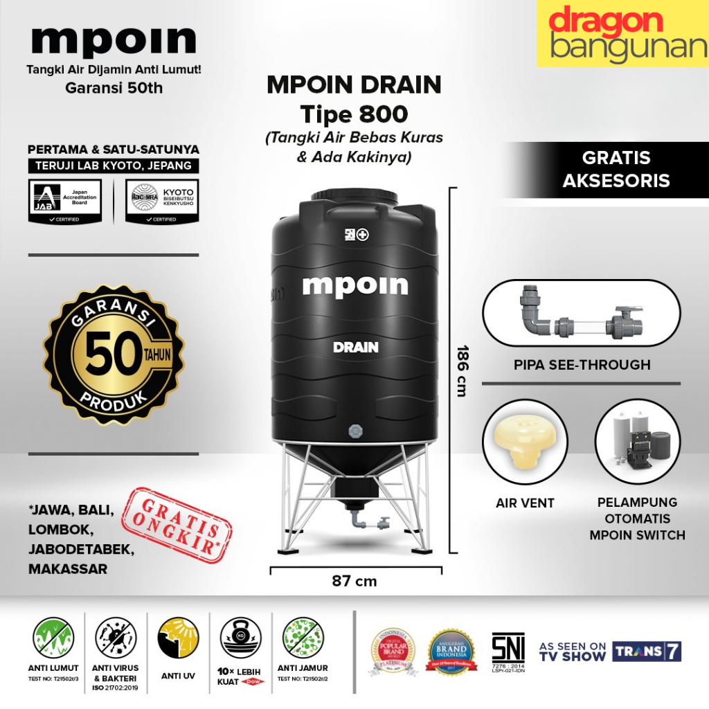 Tangki Air Mpoin Drain 800 - Toren Tandon Air Mpoin Garansi 50 Tahun