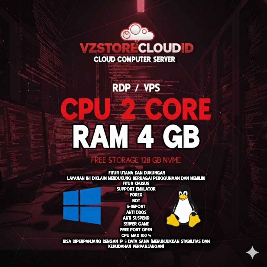 RDP/VPS PREMIUM 1 BULAN | RAM 4 GB | CPU 2 CORE (anti ddos/anti suspend)