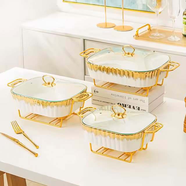 Nexxio Tempat Prasmanan Keramik Tutup Kaca List Gold Dudukan Besi Wadah Saji Lauk Pauk / Wadah Saji 