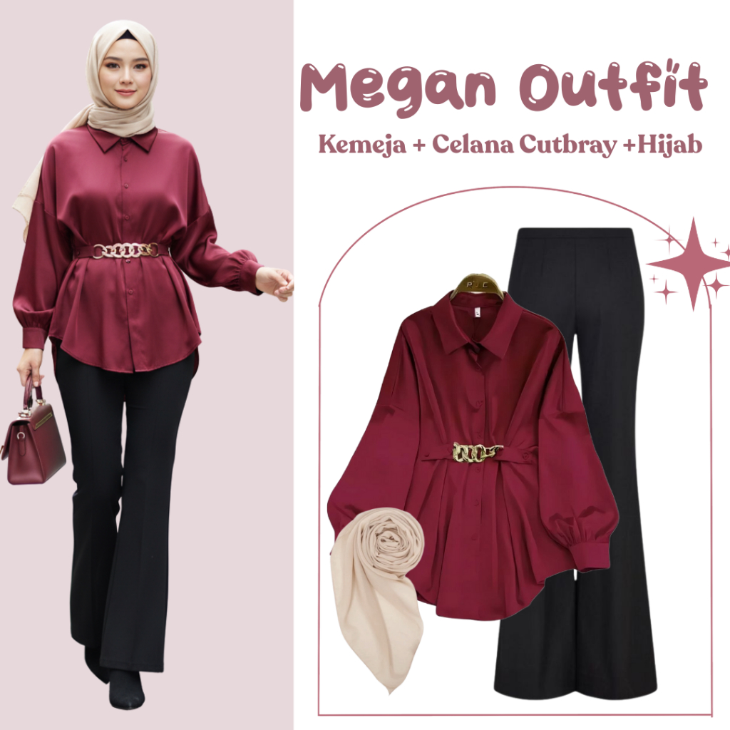 Megan Outfit | OOTD Set Kemeja Maroon + Celana Cutbray + Hijab | Oneset wanita Kekinian  Setelan BW8