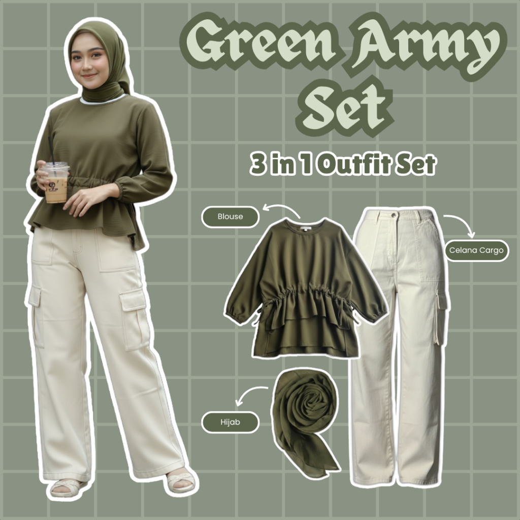 outfit cewek 1 set ( Blouse Serut Tali, Celana Cargo, Hijab ) stelan wanita kekinian, set one wanita