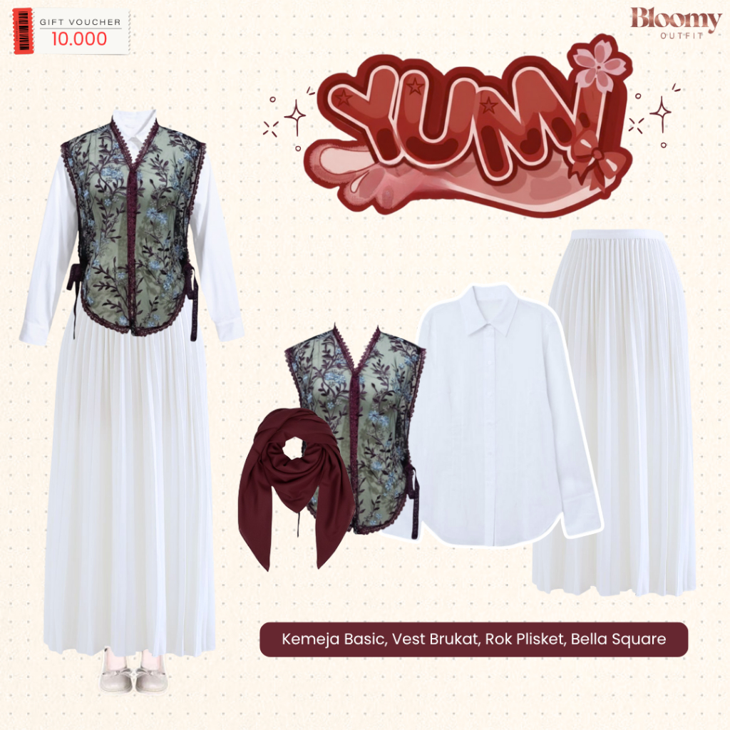 Oneset Remaja Kekinian ( Kemeja + Vest Brukat + Rok Plisket + Hijab ) Outfit Kondangan Cantik - LM30