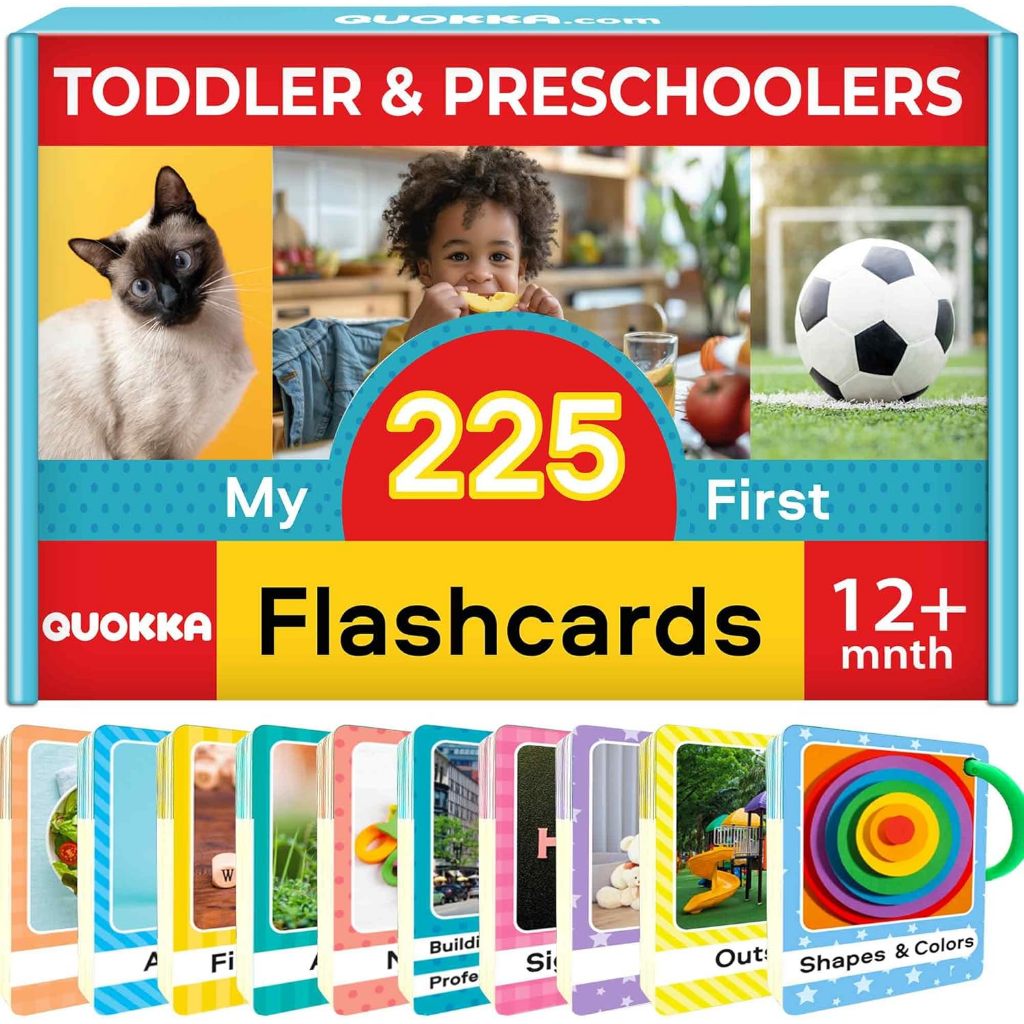 QUOKKA 225 Flash Cards for Toddlers 1-3 – Alphabet & First Words Flashcards with Rings – Toddler Edu