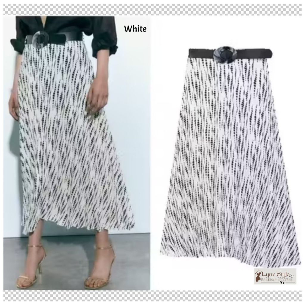 Rok Panjang Wanita Midi Maxi Skirt Pesta Lebar Flare Mayung Belt Motif Hitam Putih Sutra Black White