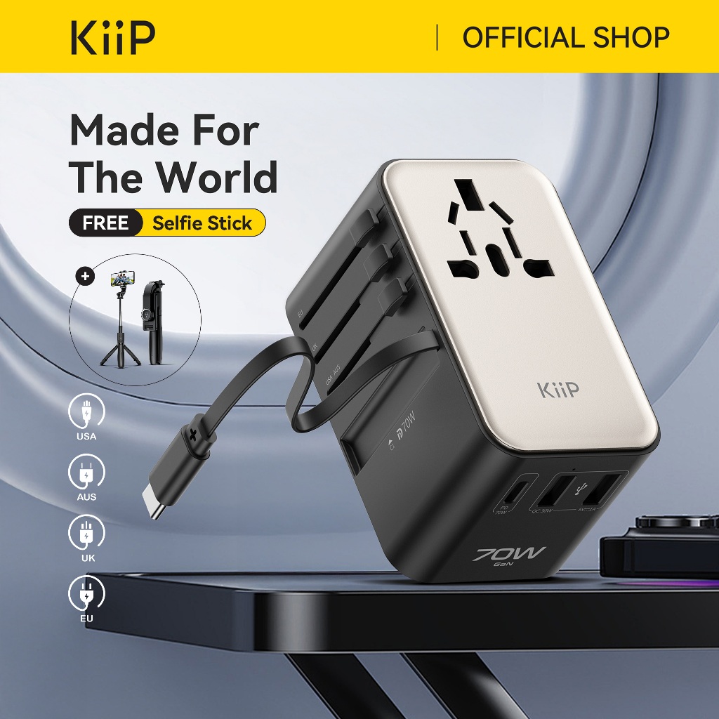 KiiP Travel Adaptor GaN 70W Adapter Charger Universal PD 3.0 QC 3.0 Fast Charging