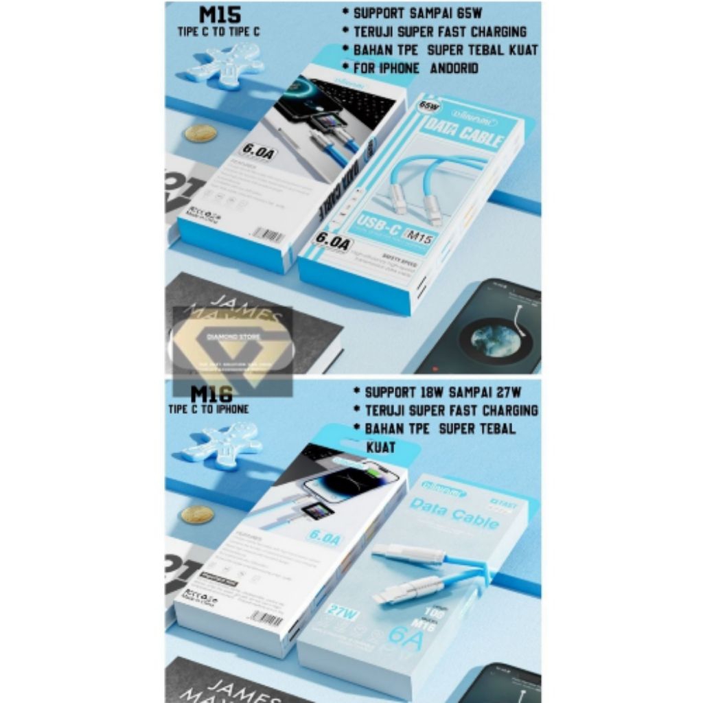 DIINAMI CABLE DATA DM - M15 TYPE C TO TYPE C 65W 6.0A FAST CHARGING DM - M16 TYPE C TO IPHONE 27W 6A