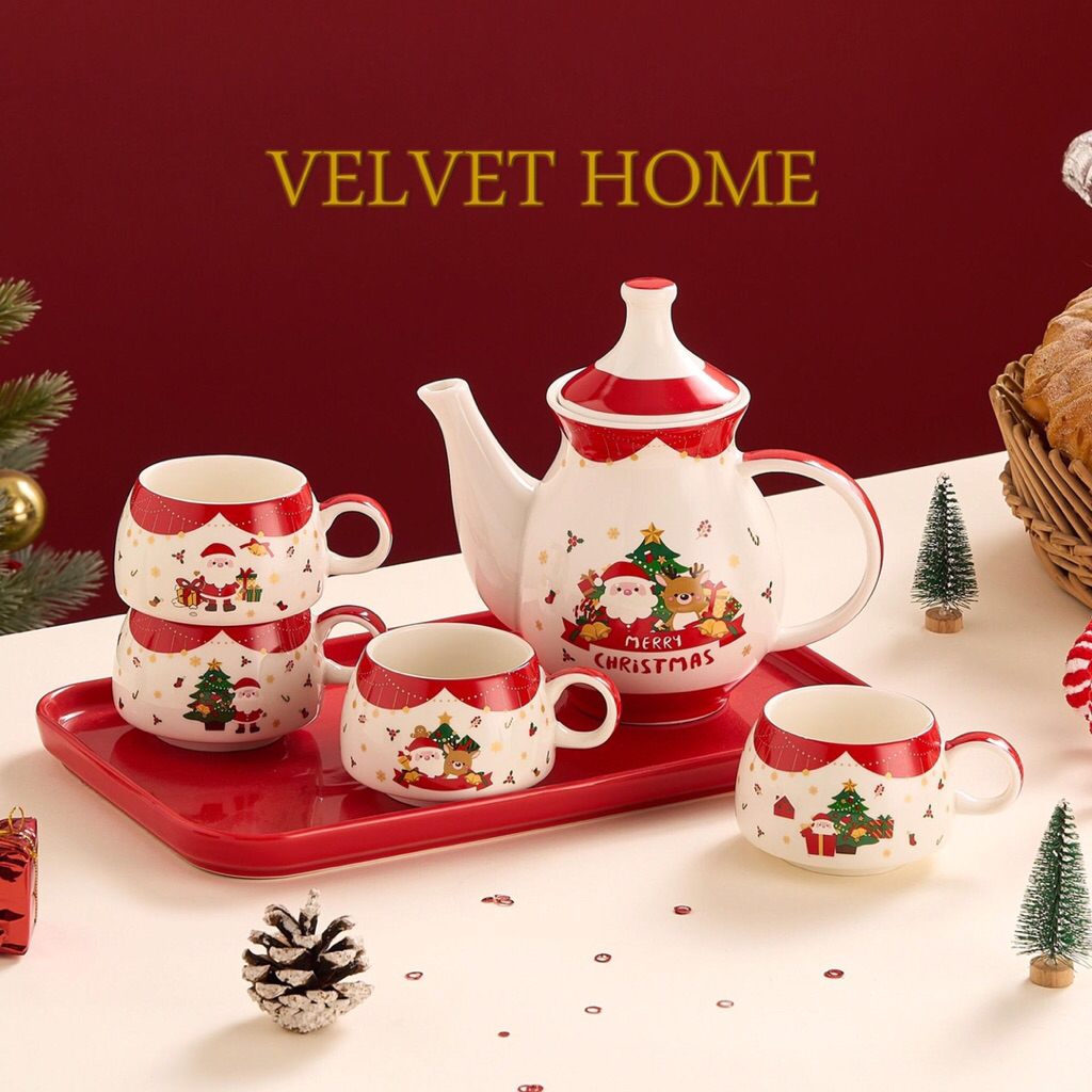 Hampers Tea set Natal Teapot + 4 cup mug gelas cangkir + baki tray ceramic keramik teko santa claus 