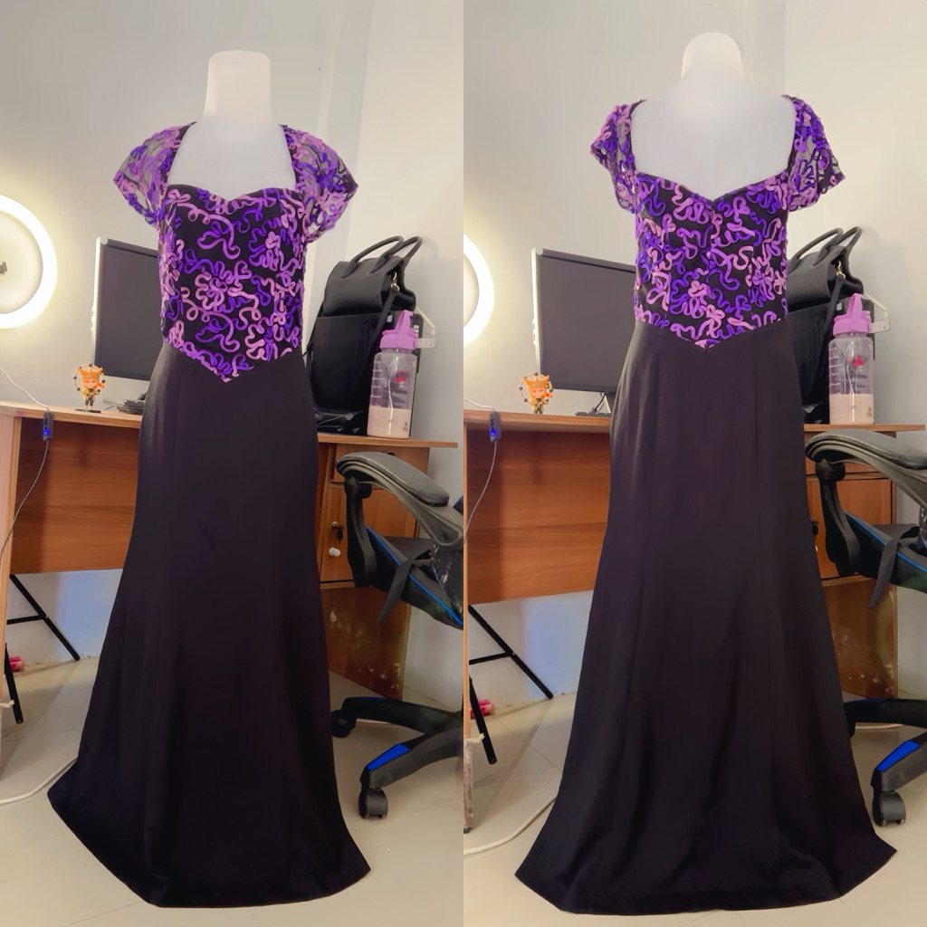 Gaun Pesta Wanita Long Dress Mewah Warna Hitam Motif ungu outfit pesta