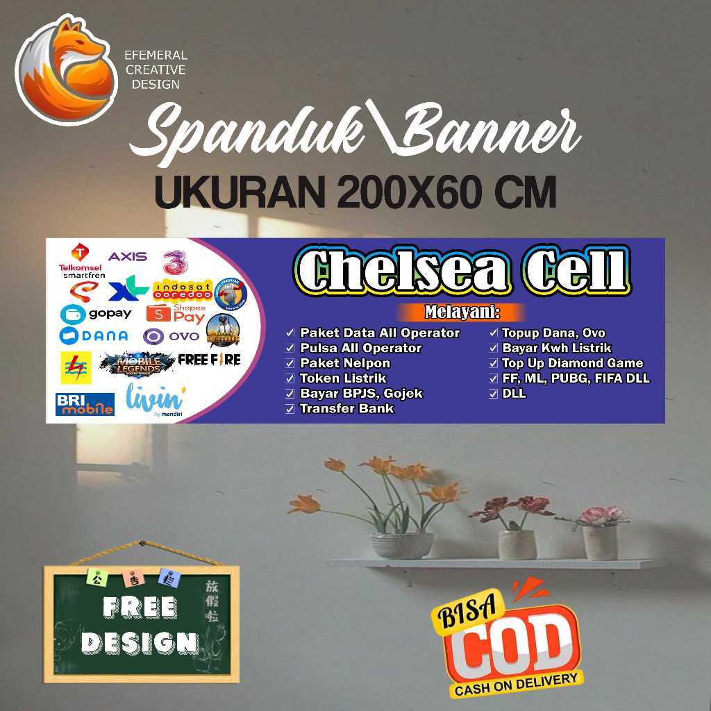 SPANDUK BANNER 200X60 CM KONTER FREE DESIGN,BISA REQUEST DESIGN