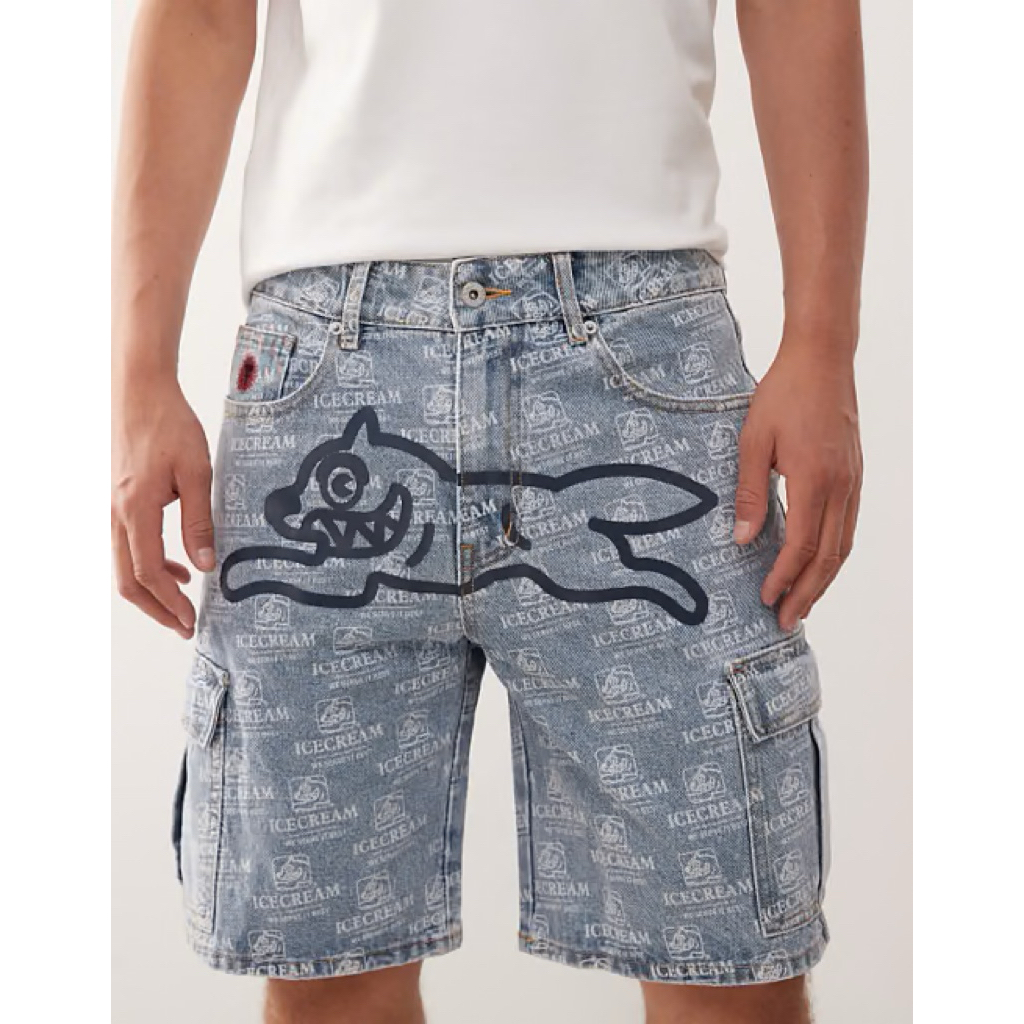 BBC ICECREAM Repeat Print Denim Cargo Shorts Running Dog Pattern Jorts Billionaire Boys Club
