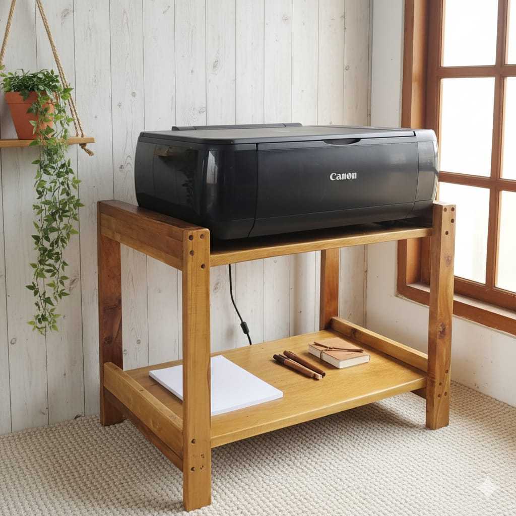 Meja Printer Laptop Jati Minimalis Rak Desktop Penyimpanan Kayu Kantor Komputer Buku Susun