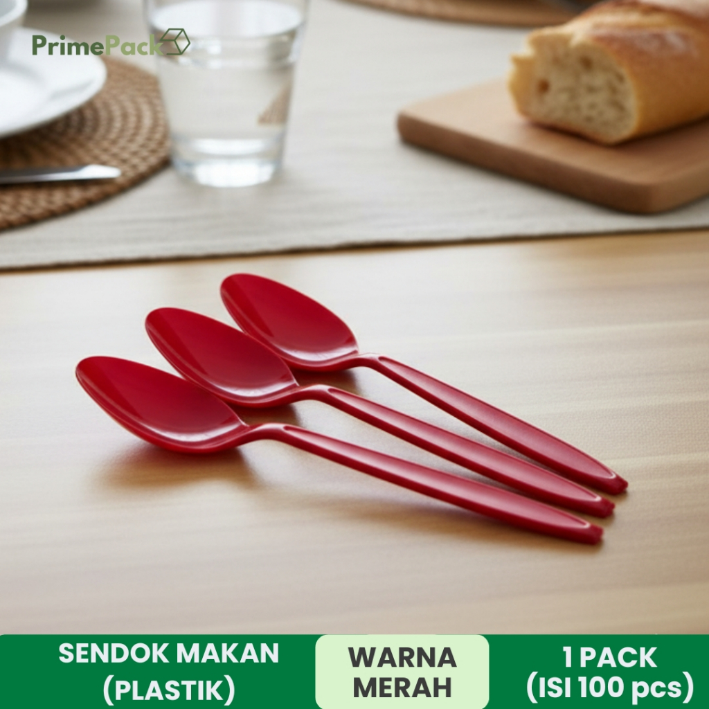 Sendok Makan Plastik Warna Merah 100 pcs Food Grade Kuat Kokoh