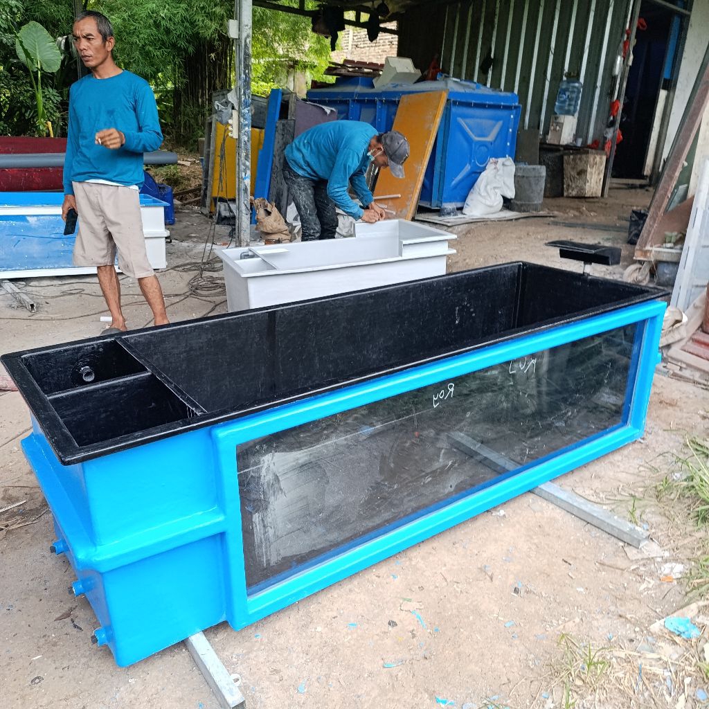 bak fiber kaca 200x60x55 + kaca+ filter samping waterfall hitam-biru