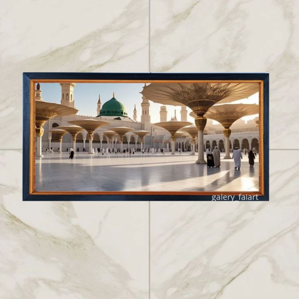 Hiasan dinding cetak gambar plus bingkai masjid nabawi ukuran 100*50