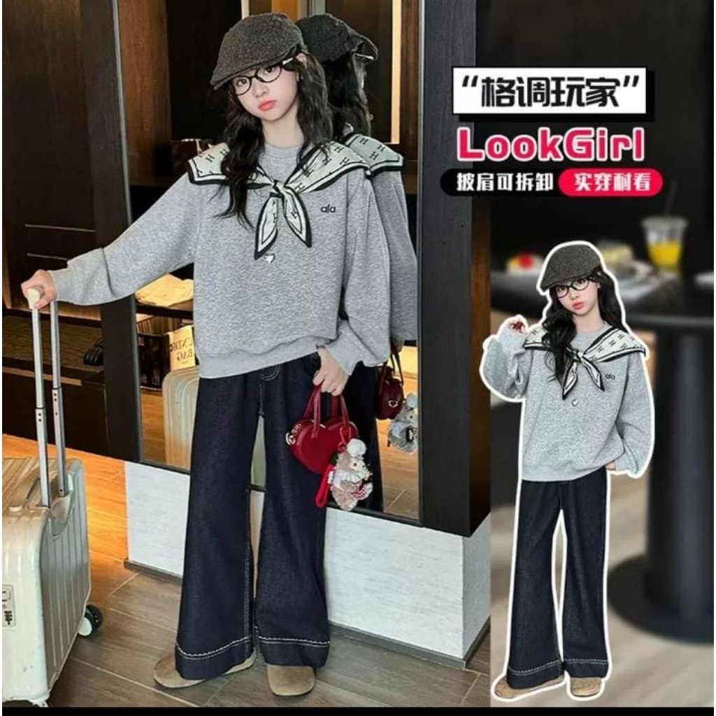 setelan celana kulot sweater Aloo oversize plus syal 140-180