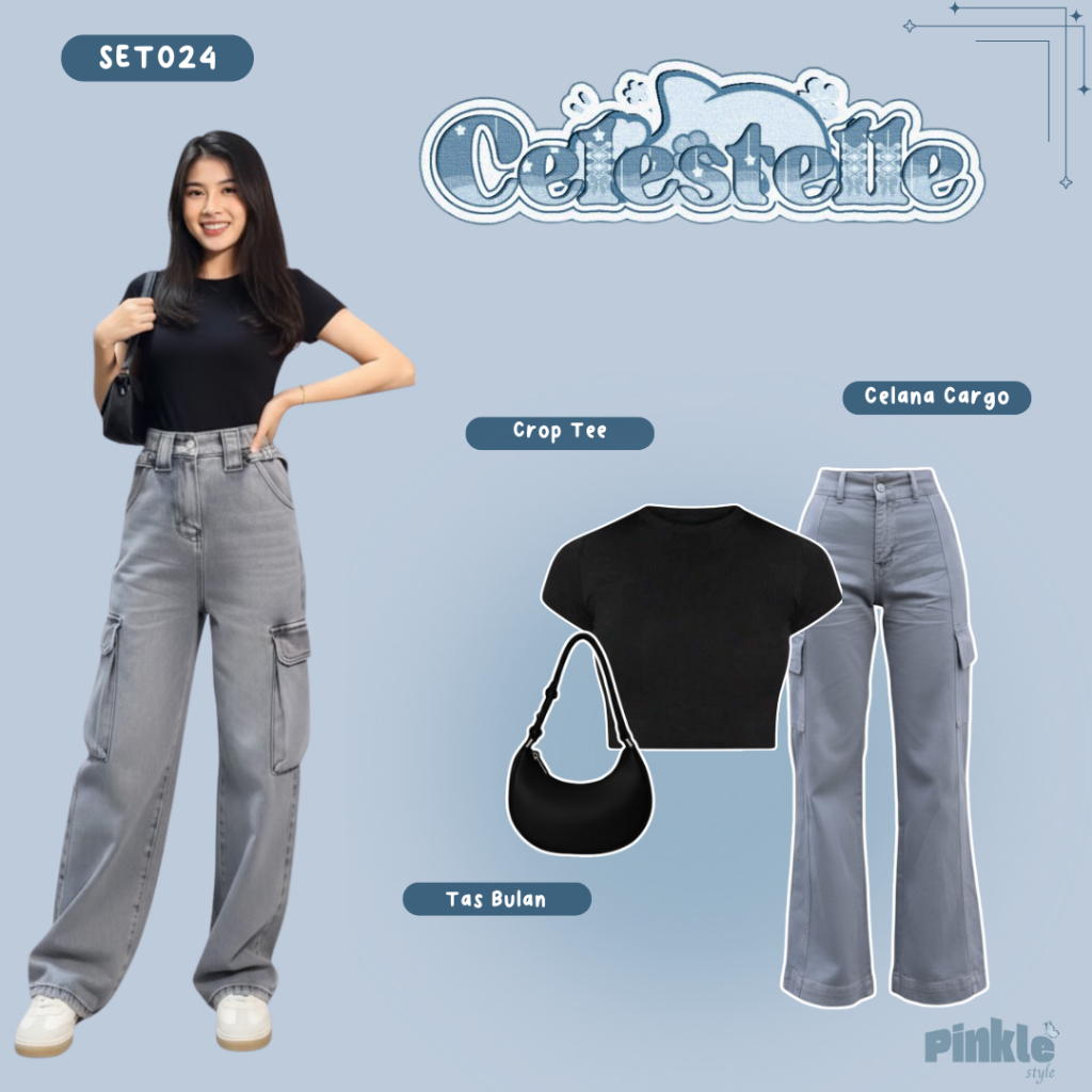 Set024 Dressychic { Crop tee + Celana Cargo + Tas Bulan } Set Wanita Korean Kekinian.