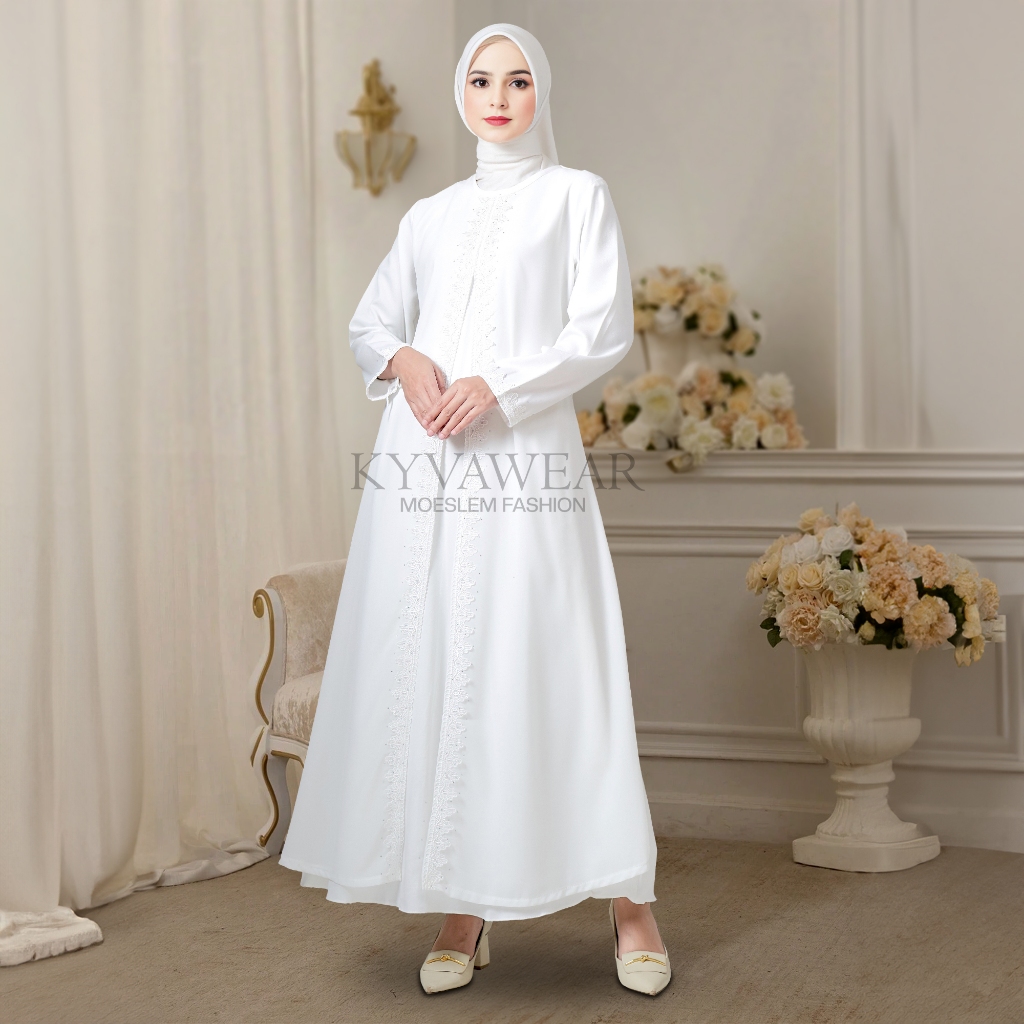 KYVA GAMIS ABAYA MUSLIM PUTIH TURKEY TERBARU BROKAT LM 126 PESTA REMAJA MEWAH