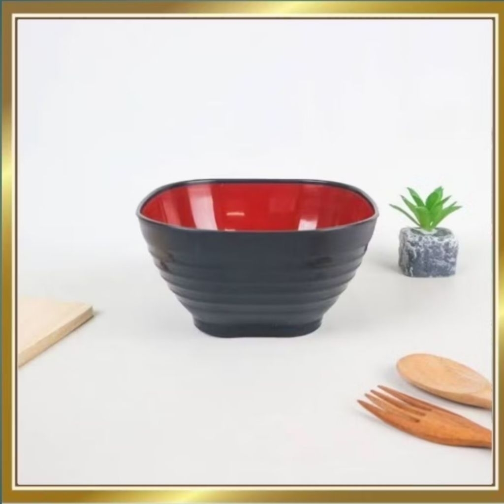 [3 Pcs]Mangkok Melamin Kotak Hitam Merah Anti Panas | Mangkuk Ramen Mie Kuah Bakso Korea Jepang | Pi