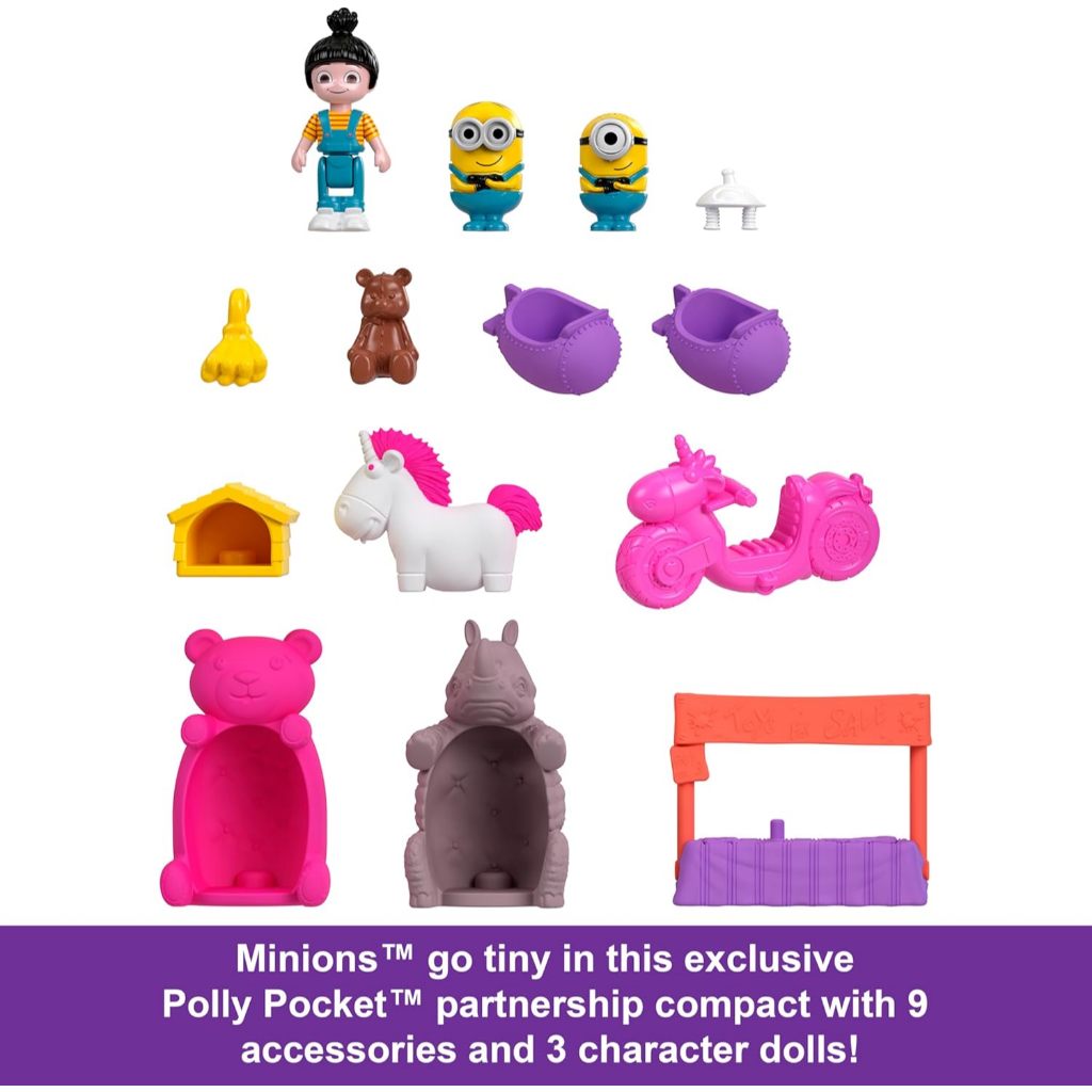 READY POLLY POCKET & MINIONS PLAYSET WITH 1 DOLL, 2 MINIONS FIGURES & FLUFFY THE UNICORN TOY,