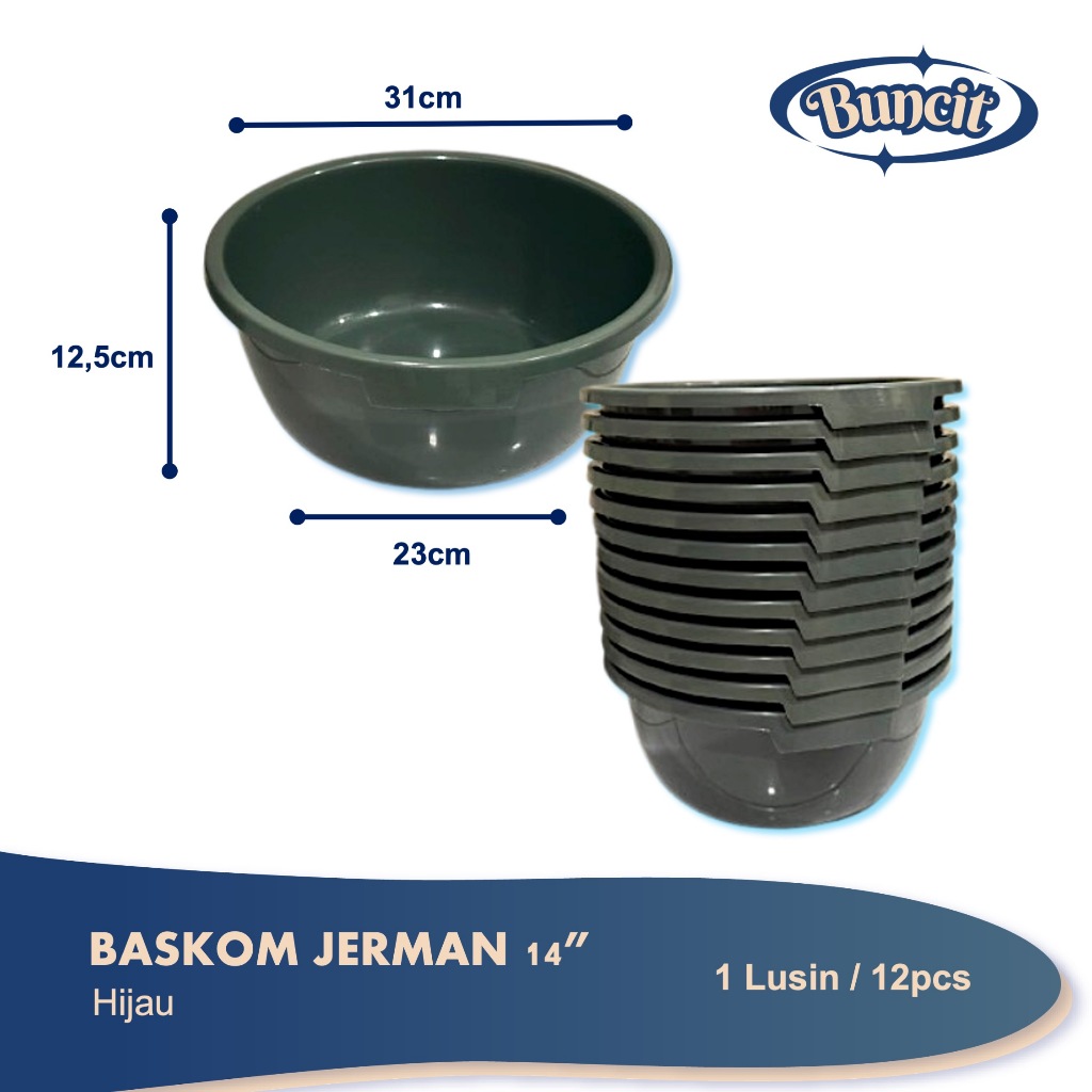 1 Lusin 12Pcs Baskom Jerman 14" Hijau | Baskom Plastik | Grosir | Baskom Tebal | Serbaguna