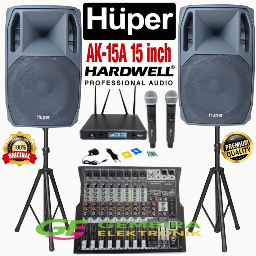 Paket Sound System Lengkap Speaker Aktif  HUPER AK-15A 15 Inch Speaker Aktif + Mixer HARDWELL PRO FX