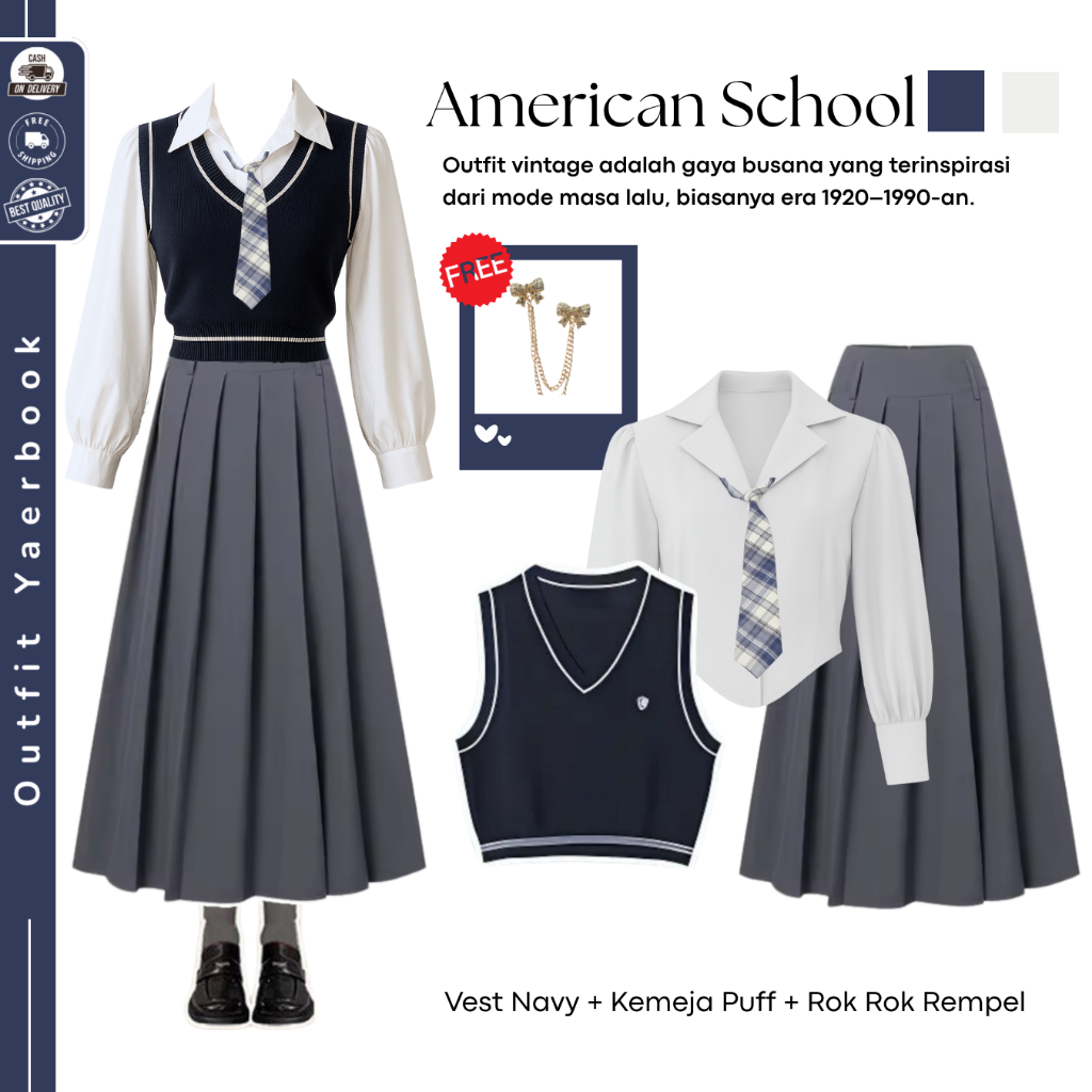 Ootd Wanita Yearbook American School (Vest Rajut + Kemeja+ Rok Remple ) Outfit Viral Yearbook - FO39