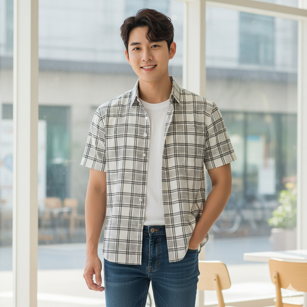 3'NTHREE KEMEJA PRIA TANGAN PENDEK PRINTING KOTAK / ATASAN PRIA