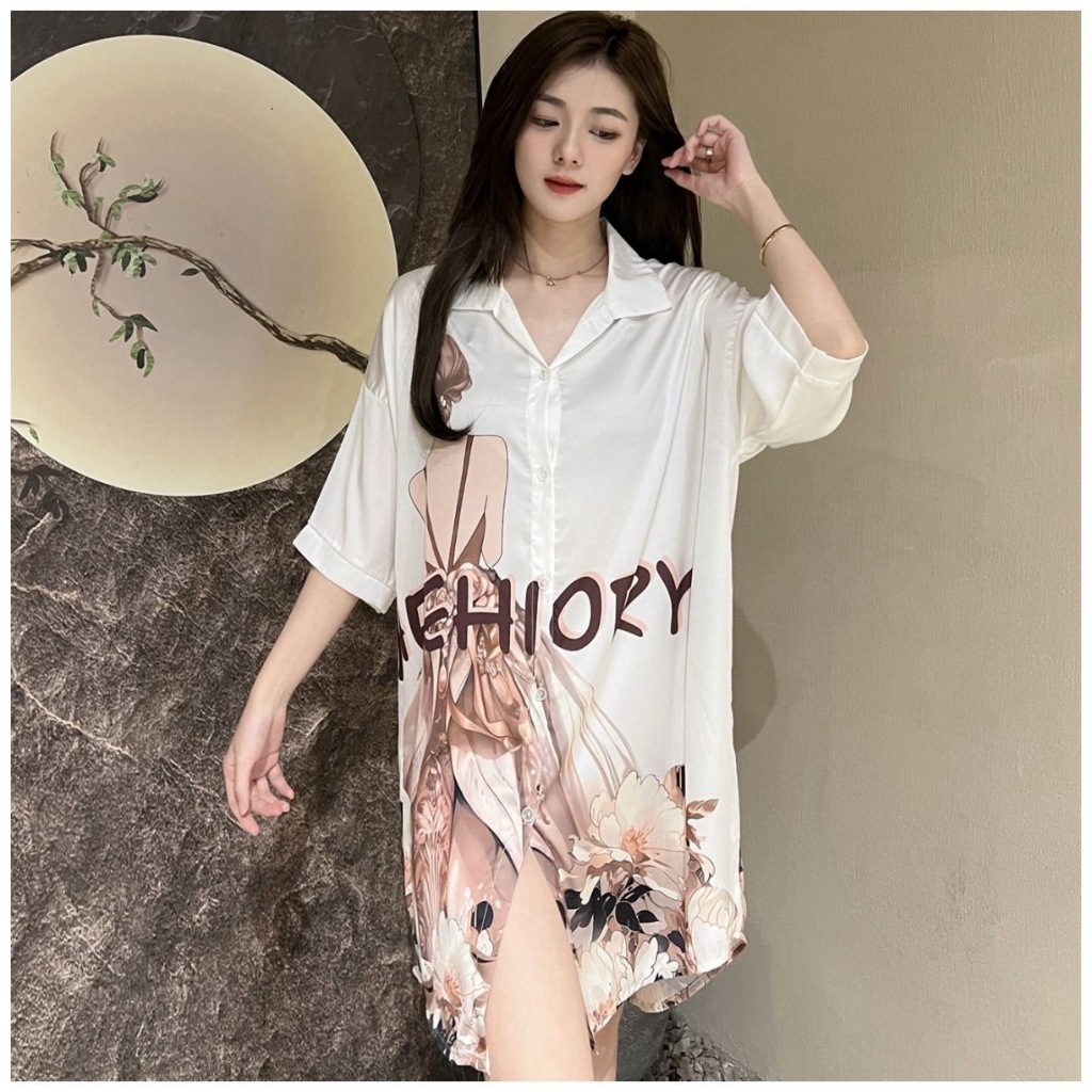 Piyama dress kemeja wanita sutra es cetak surat/dress tidur korea jumbo longgar