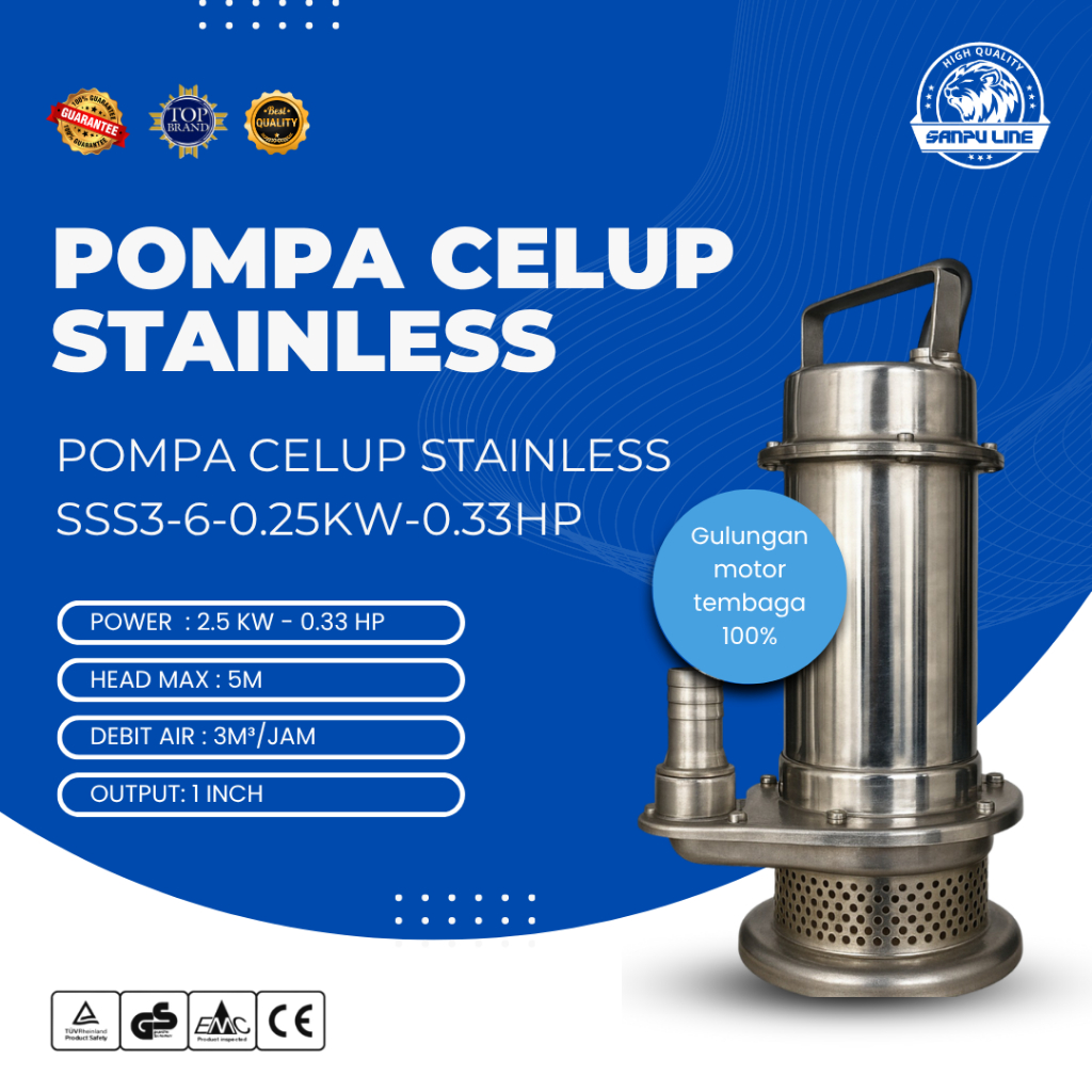 Sanpu Line - Pompa Air Celup Stainless steel anti karat SSS3-6-0.25KW-0.33HP 1 Inch