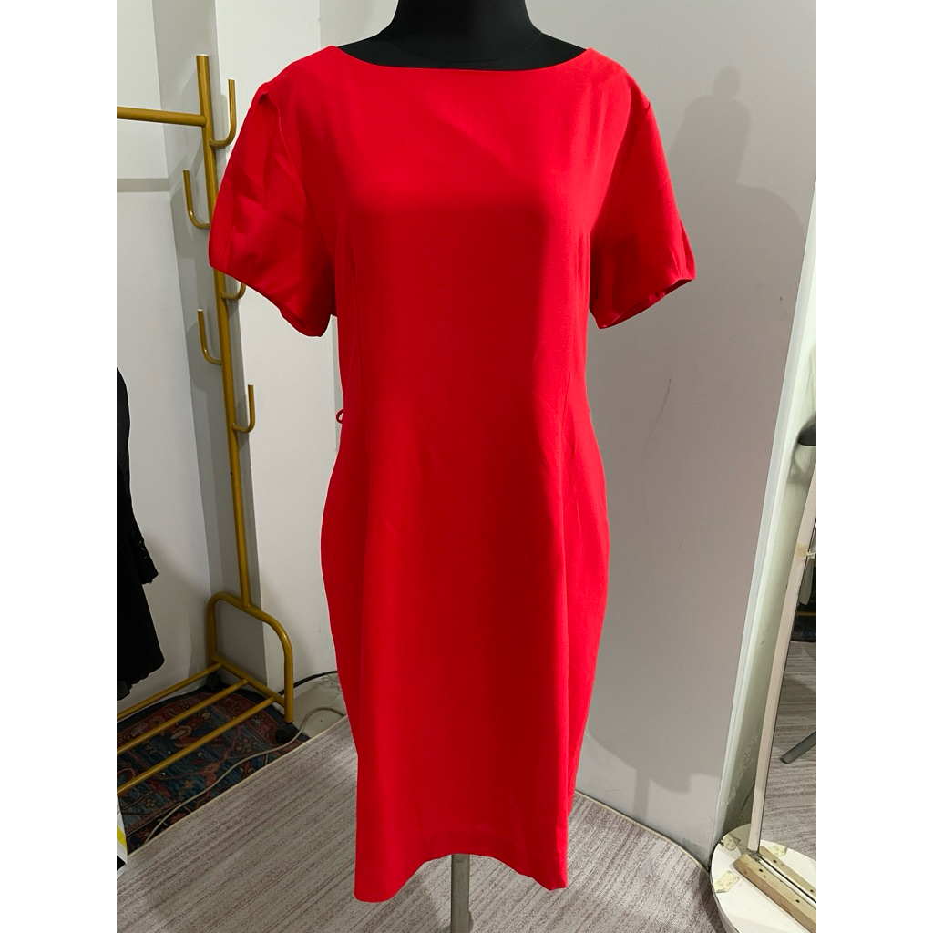 PL The Executive Dress Merah Polos Wanita Elegan – Midi Dress Lengan Pendek Casual Formal