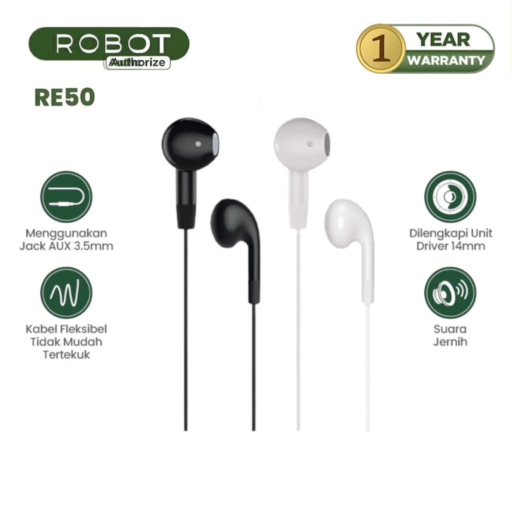 ROBOT Headset Kabel Full Bass Wired Earphone In Ear RE50 Telpon Gaming HD Sound Original - Garansi 1
