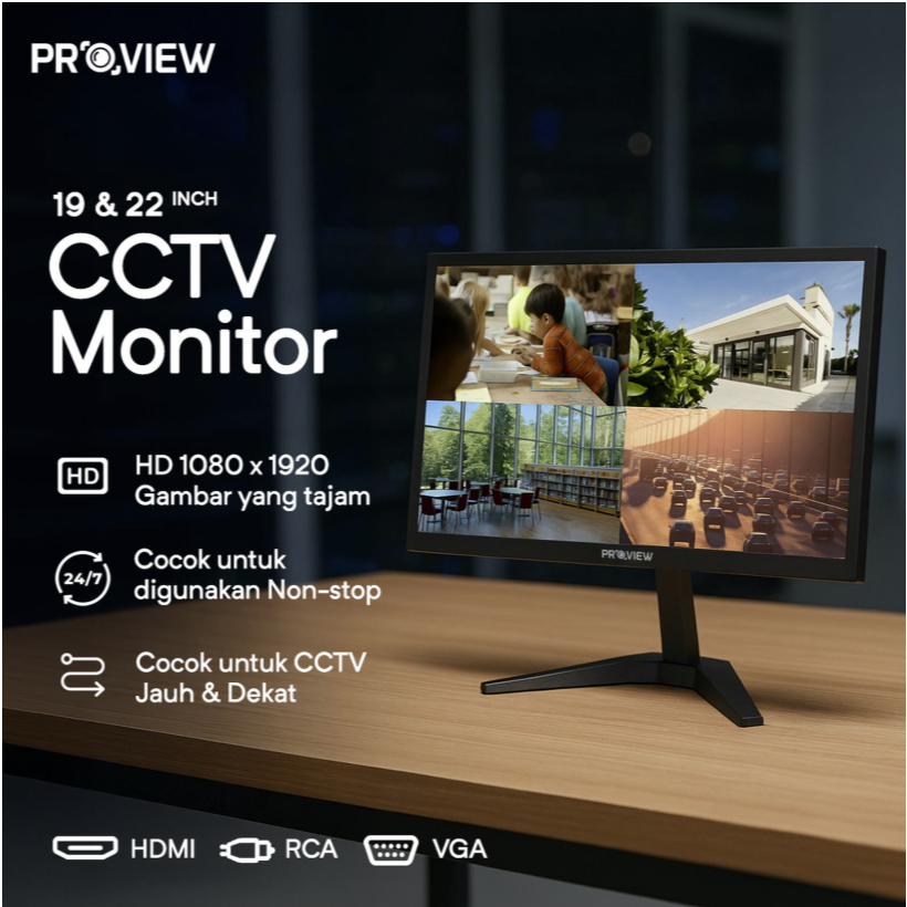 PROVIEW LCD Monitor 1080p FHD HDMI untuk CCTV Built in Speaker 19 Inch / 22 Inch - 19 Inch, Packing 