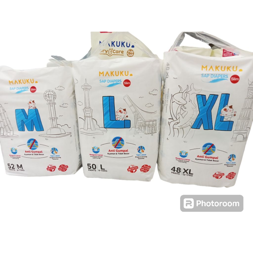 Makuku sap diapers slim M52, L50, XL48 ( Kemasan Lama / Baru Random)