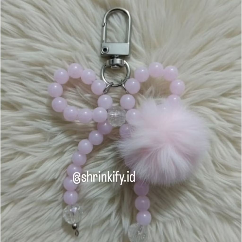 Gantungan Kunci/Tas Manik-Manik Pita Pompom Pink