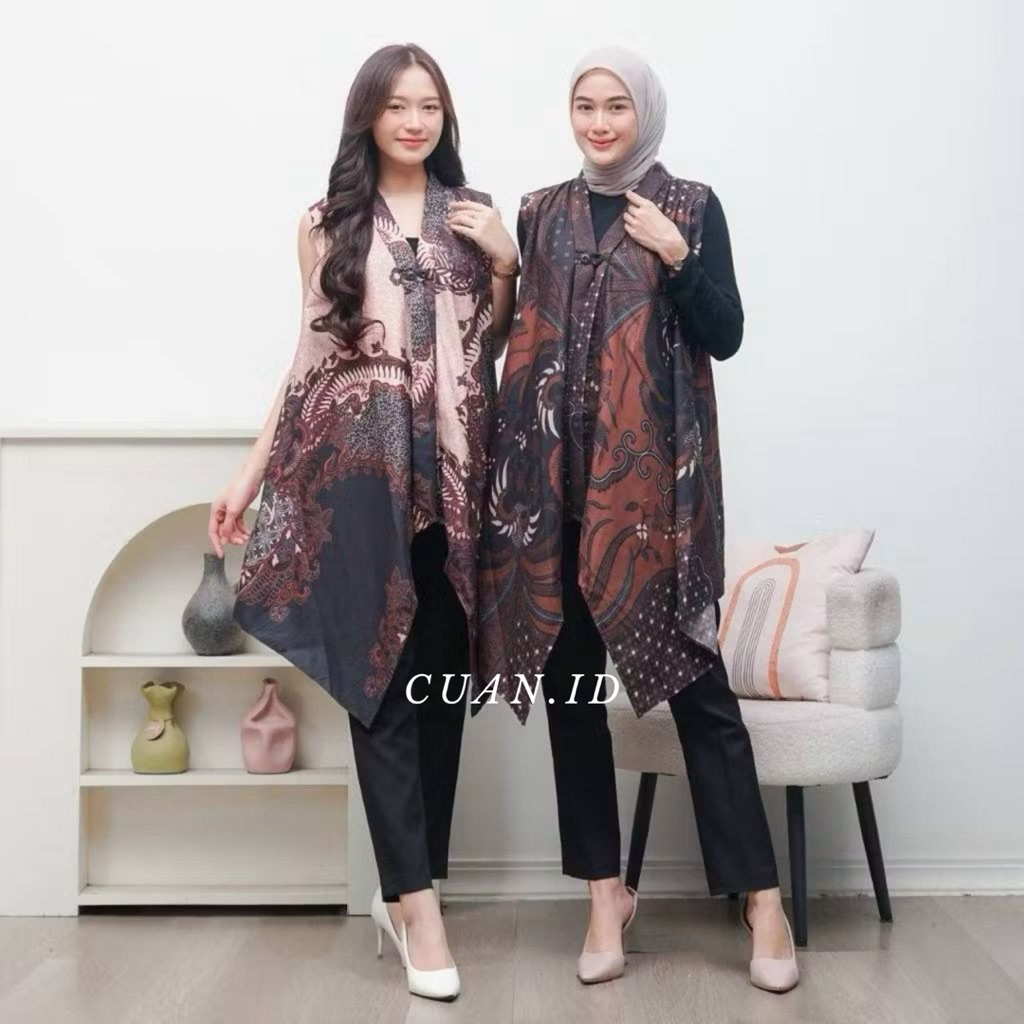 cuan.id - DAHLIA VEST Long Outer Tanpa Lengan Batik Poli Rompi Panjang Cardigan Wanita Kondangan Baj