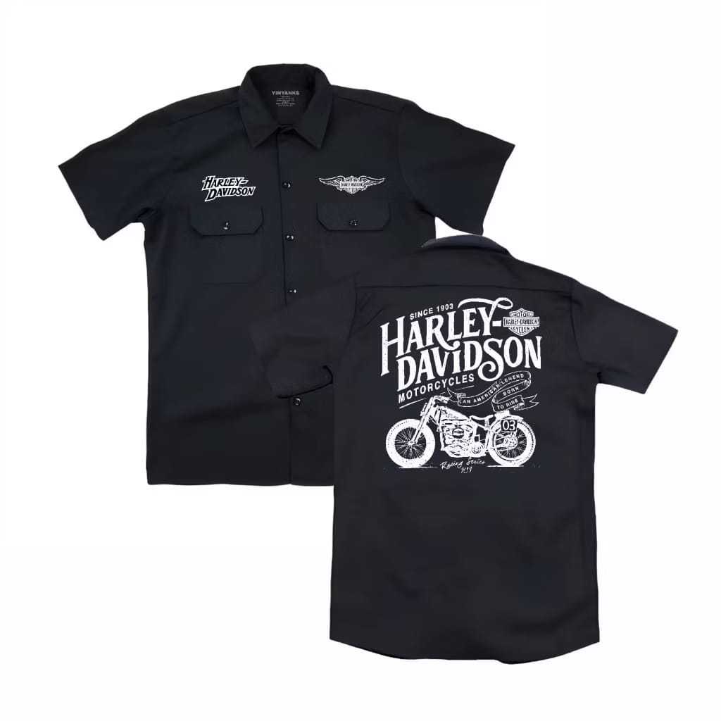 Ganzet store Workshirt HARLEY DAVIDSON Kemeja Kerja Lengan Pendek Baju distro Unisex pria & Wanita B