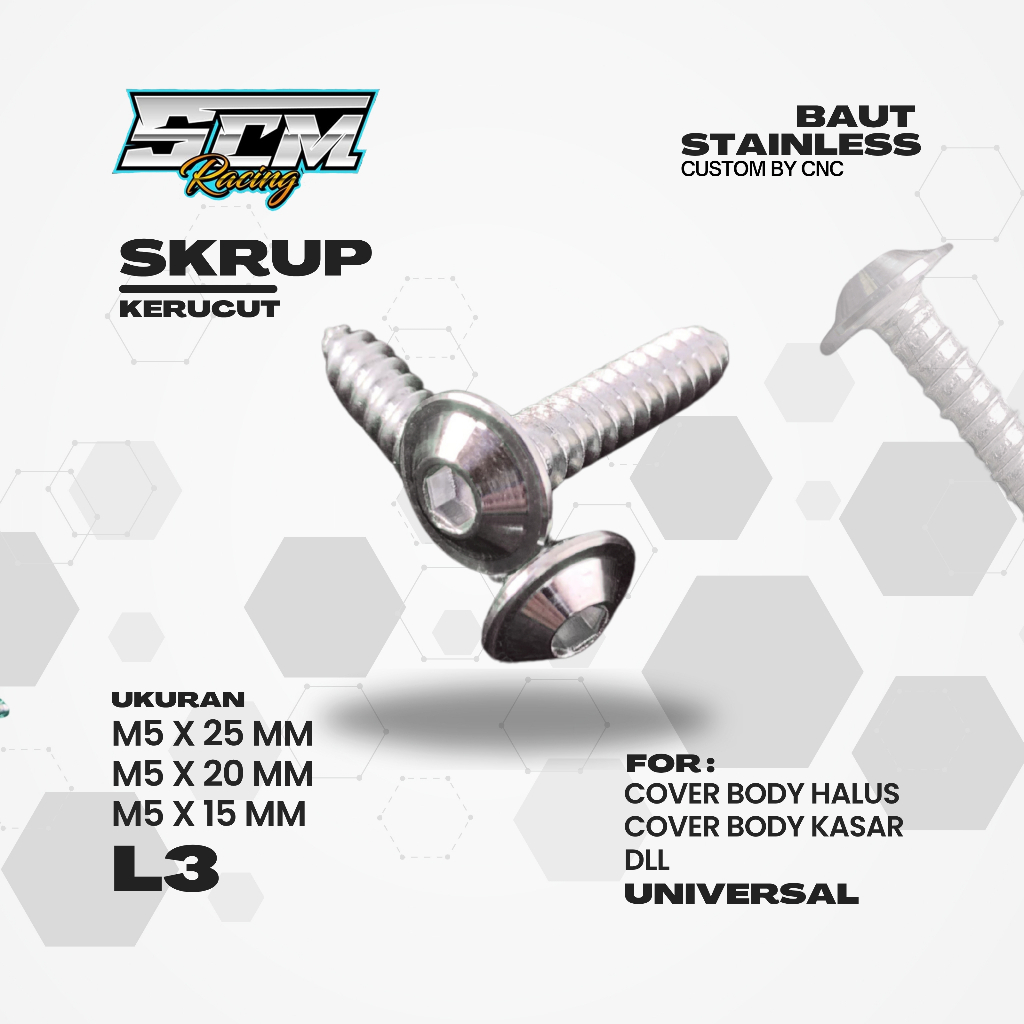 SKRUP STAINLESS KERUCUT FULL CNC SKRUP M5 KUNCI L5 UNTUK BODY MOTOR