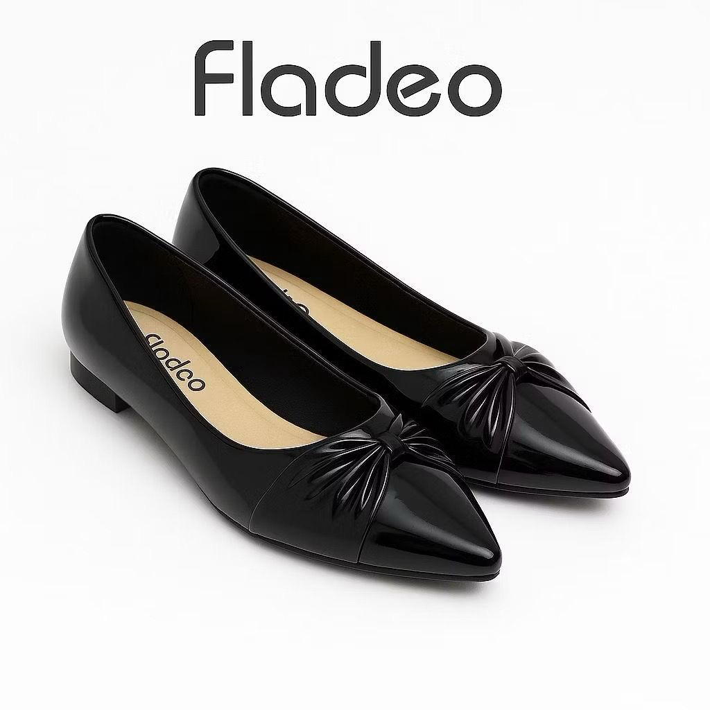 Flatshoes Fladeo Wanita Hitam Cream Model Pita Elegan Glossy Sepatu FlatShoes Kerja Kuliah Sepatu Fo
